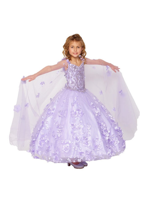Bliss Little Girls Lilac 3D Stone Pearl Sweetheart Floral Cape Ball Gown 2-6 - SophiasStyle.com